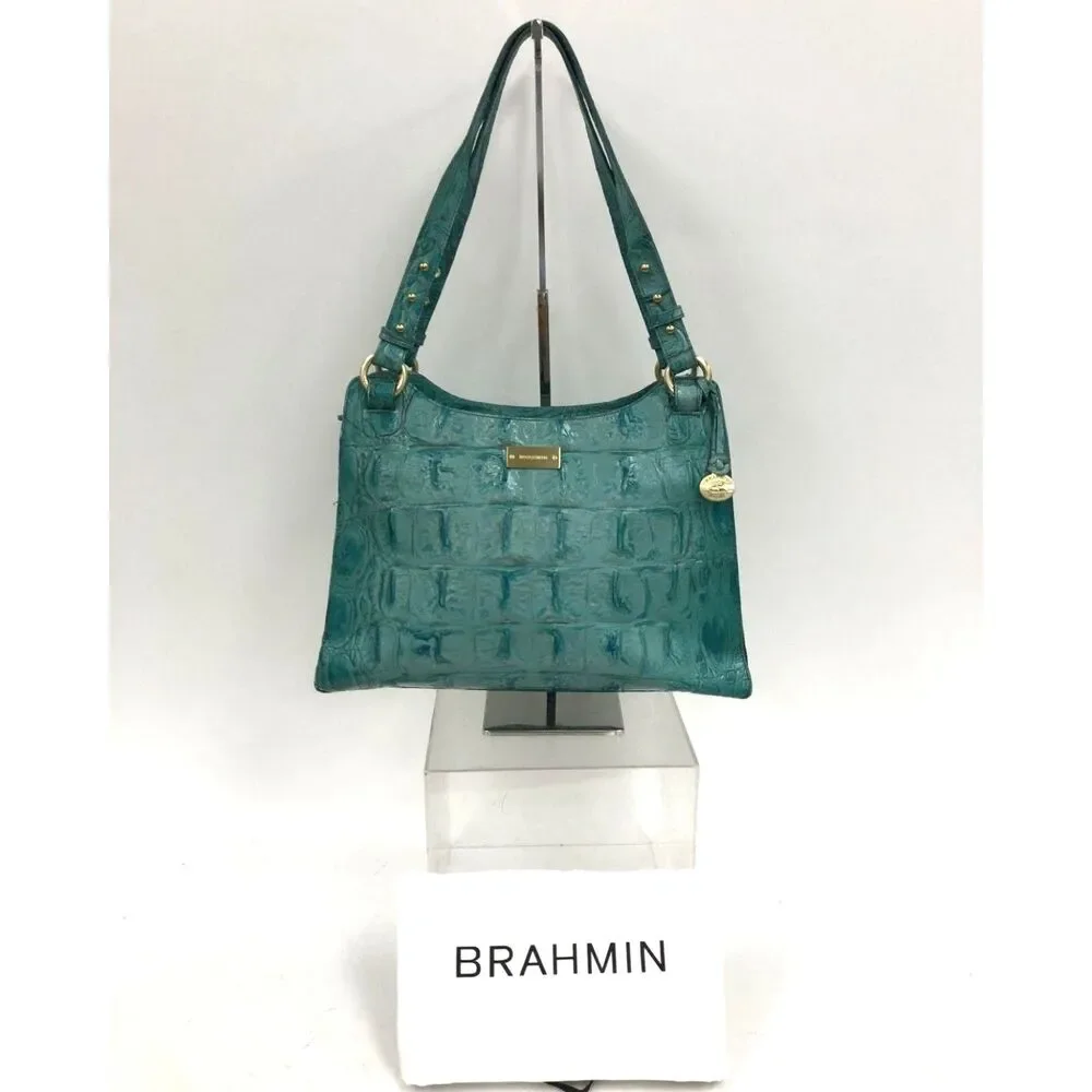 Brahmin Vibrant Teal Croc Embossed Leather Hobo Shoulder Bag with COA